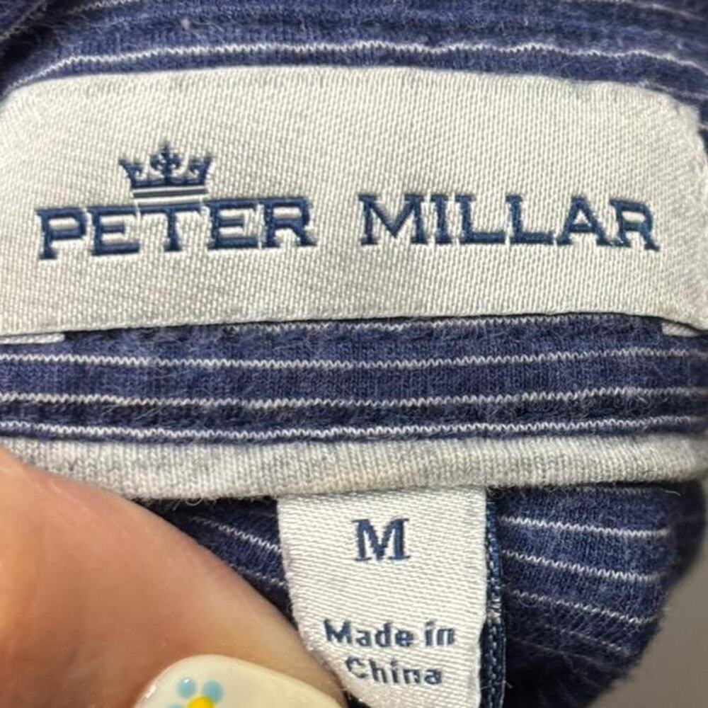 Peter Millar Men M Pima Cotton Silk Blend Blue Micro Stripe Short Sleeve Polo - Picture 4 of 6